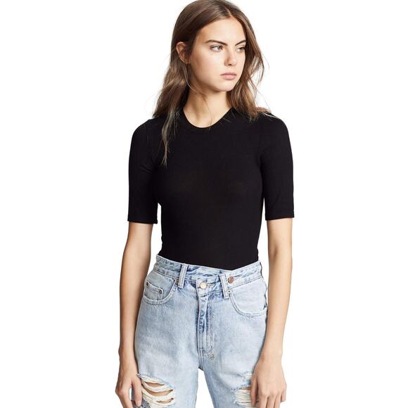 $145 New Enza Costa Rib Fitted Half Sleeve Crew - Black - Small - Picture 1 of 7